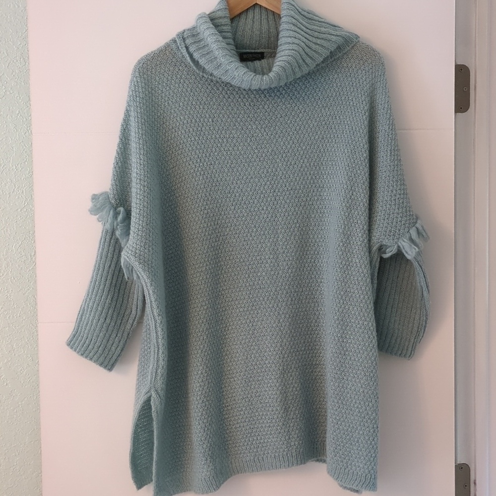 Light Blue Knit Poncho Sweater with Turtleneck